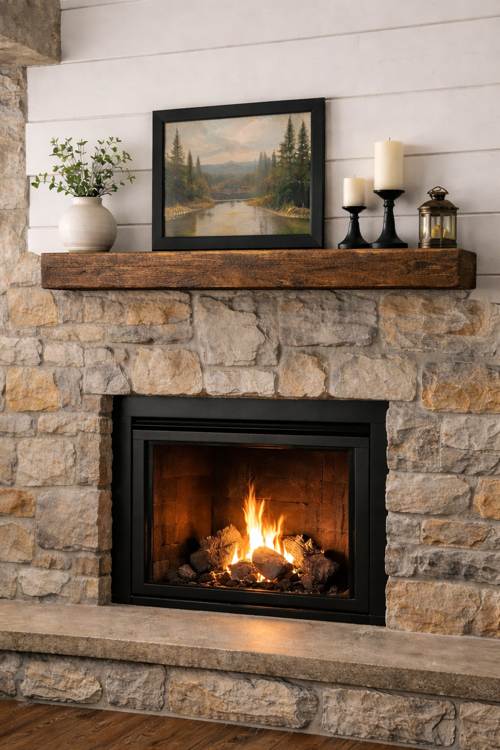 Close-up of rustic barnwood mantel showing natural grain and saw marks