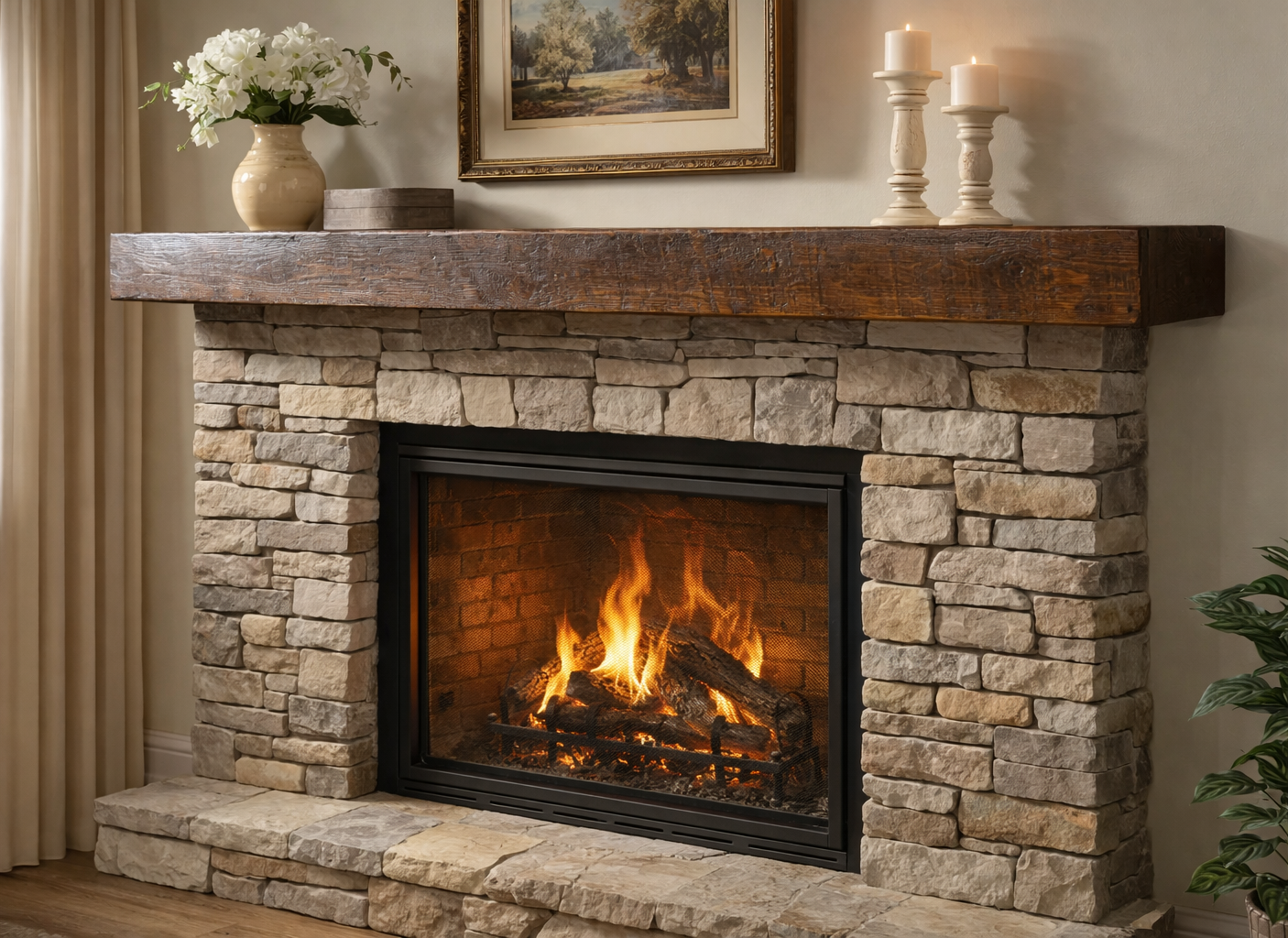 Medium rustic barn beam mantel installed above stone fireplace